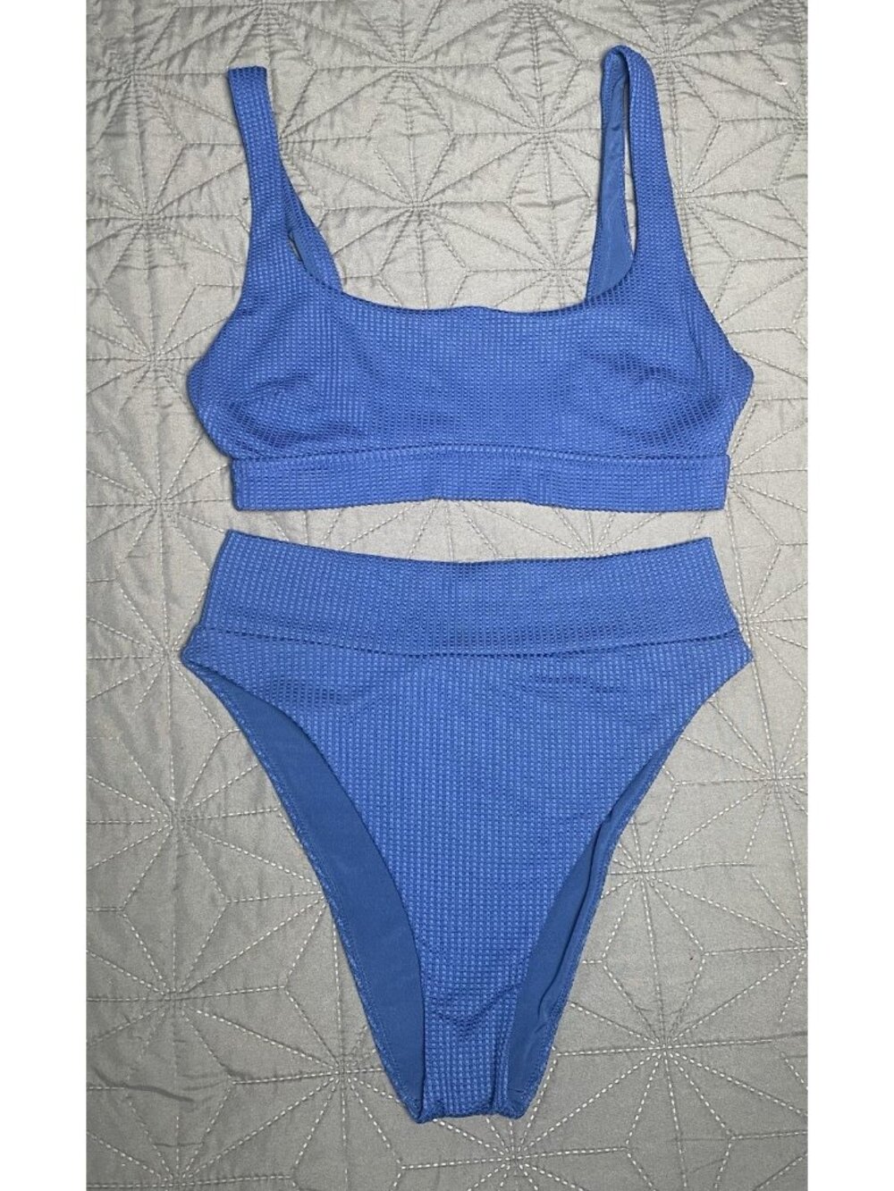 Aerie Waffle Textured 2 Piece Bikini Set Royal Blue Scoop Neck High Cut Cheeky M